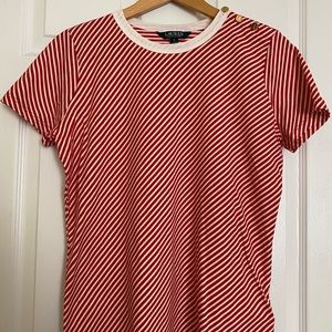 NWOT Lauren Ralph Lauren Red and White Diagonal Stripe Short Sleeve Tee